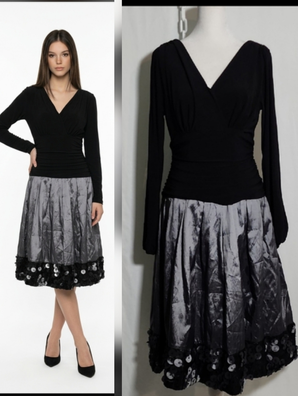 S.L. Fashions Elegant Black and Silver Long Sleeve Dress